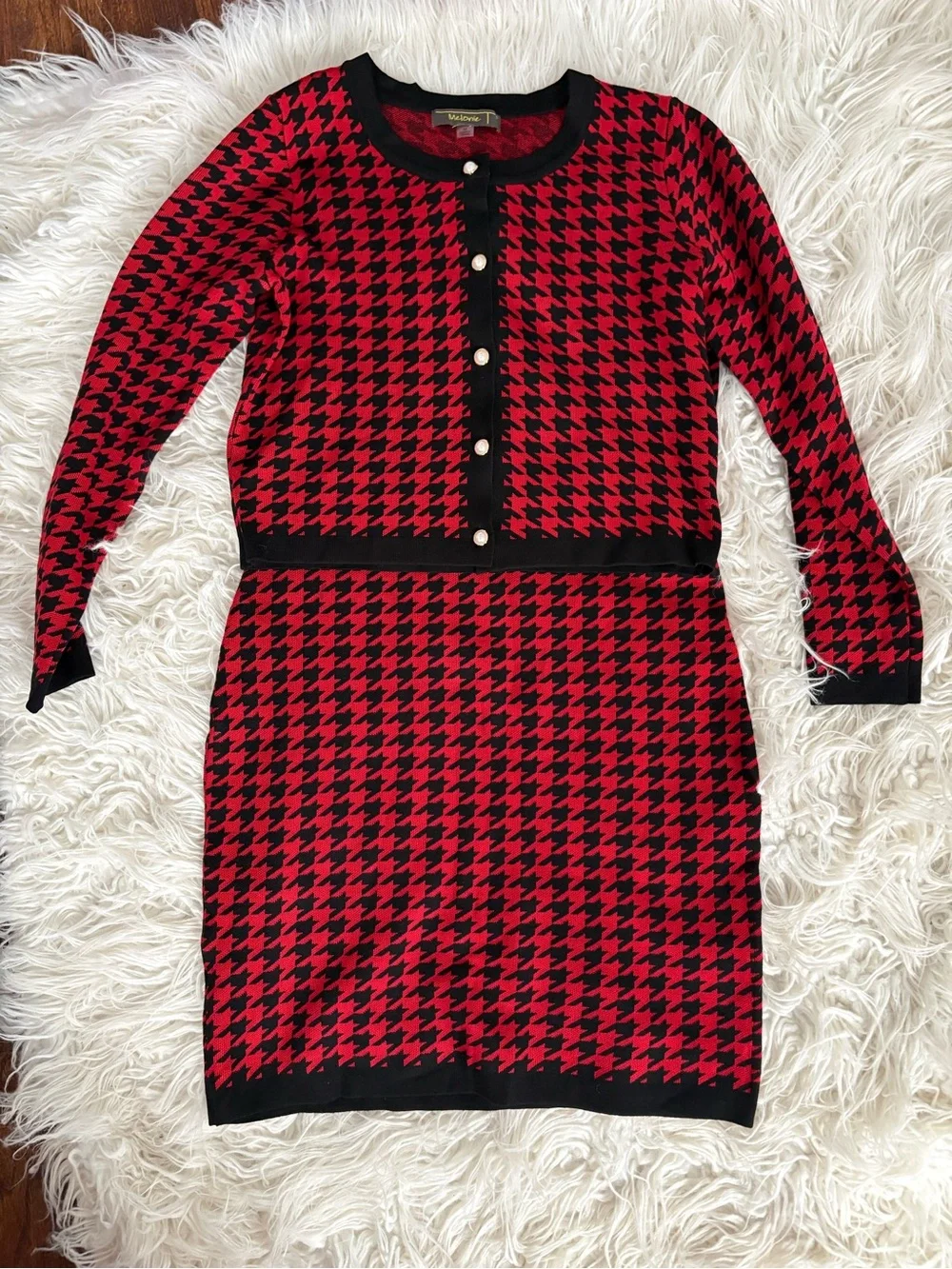 Melonie T Red & Black Houndstooth Sweater Dress & Blazer 2-Piece Set Size M - Picture 2 of 6